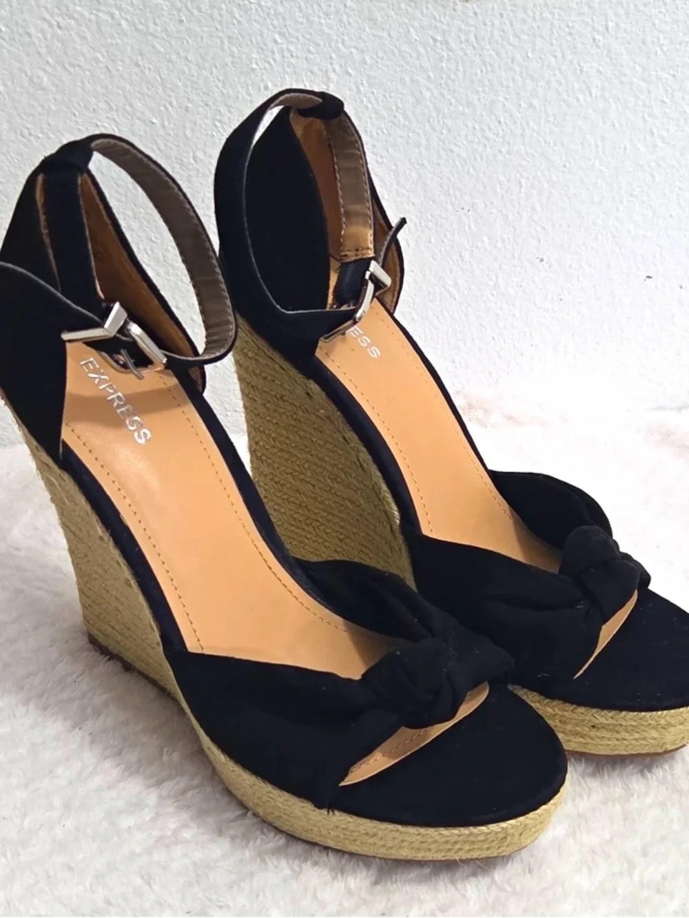 Express Black Knot Front Espadrille Wedge Sandals with Ankle Buckle